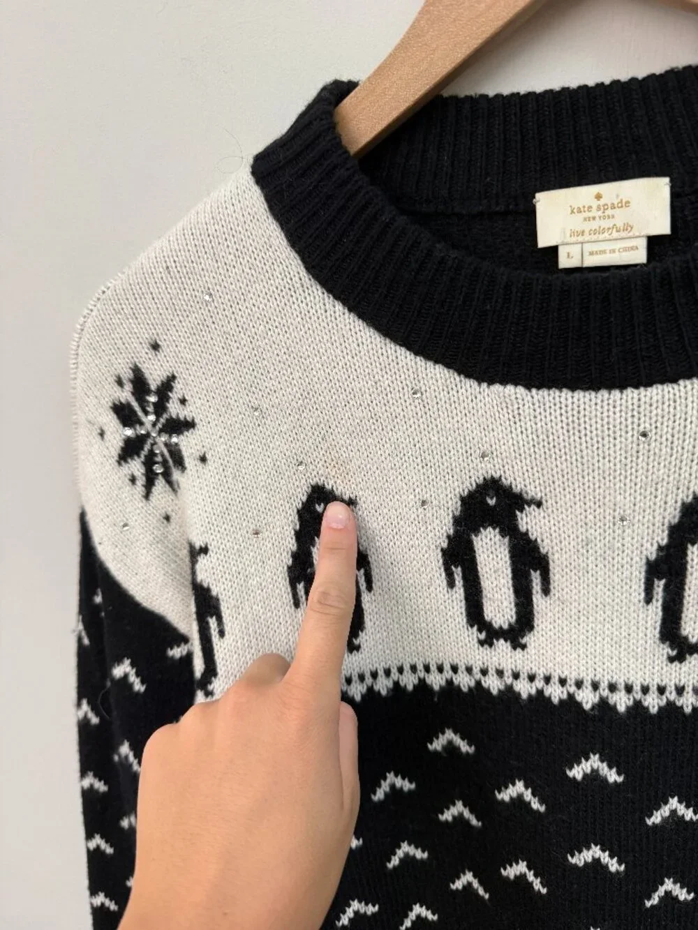 Kate Spade Penguin Intarsia Wool Blend Sweater White Black Large NJMU3093